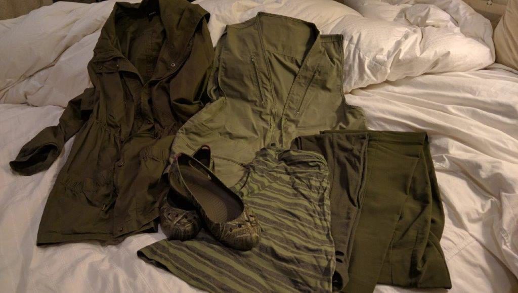 One set of travel basics is an olive green color scheme